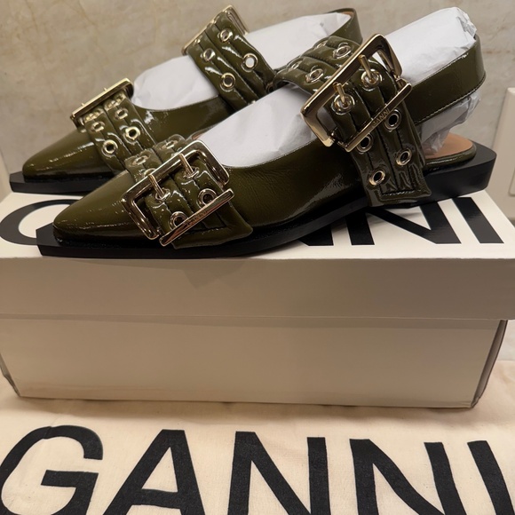 GANNI Buckle Ballerina Flats Slingbacks Sandals Military Olive BRAND NEW w/ Box - Picture 7 of 10